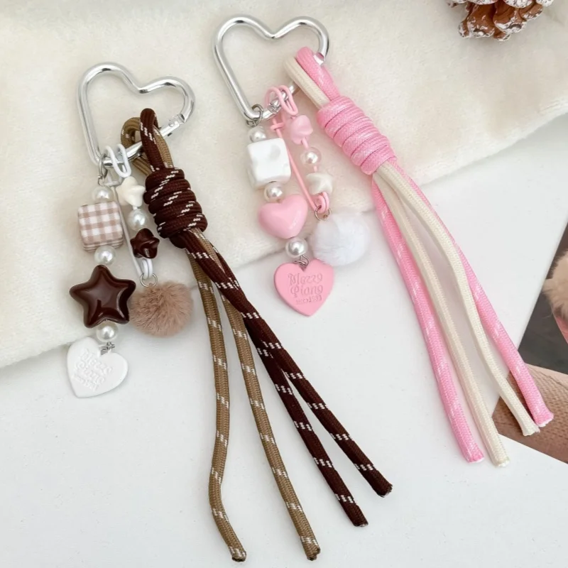 New Heart Bag Charm - Brown Star Keychain | Nylon Rope Pendant Stylish Purse Charms for Women's Handbags, Backpacks & Totes