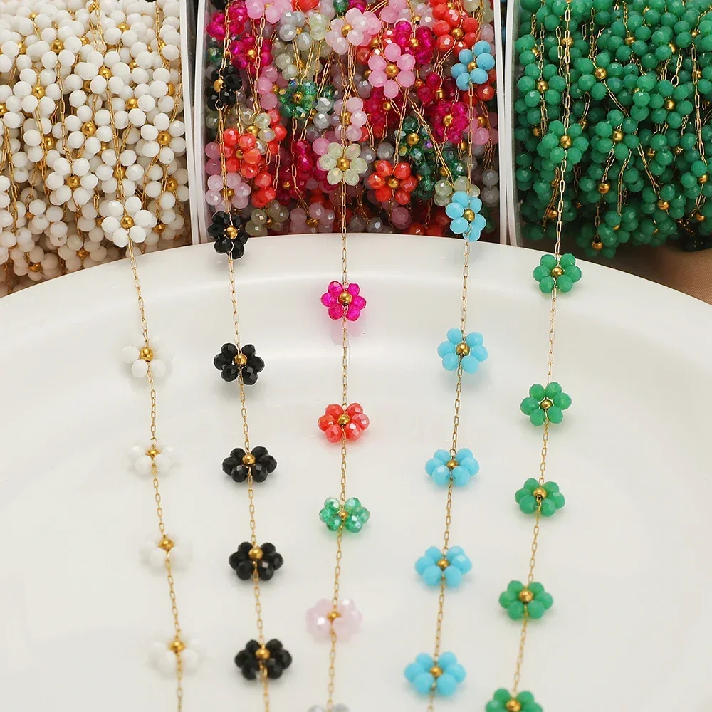 1Meter Stainless Steel 9mm Width Flowers Crystal Beads Chains for Necklace Bracelet Chain Findings DIY Jewelry Making Wholesale