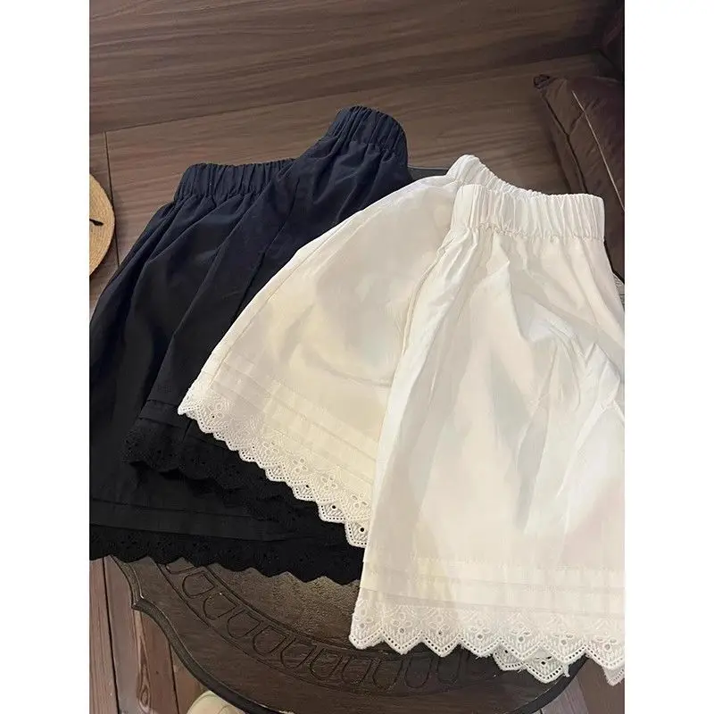 White Lace Trim Patchwork Casual Shorts for Women's High Waisted Wide Leg Vacation Beach Pants Loose Thin Bottoms Home Shorts
