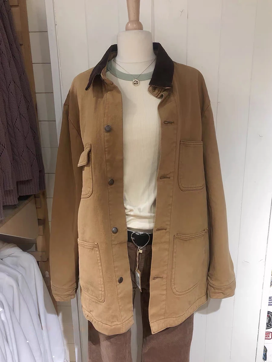 

Винтажные желтые толстые хлопковые куртки, женские осенние однобортные свободные куртки с лацканами, пальто, повседневная уличная одежда, верхняя одежда, топы Y2k ﻿