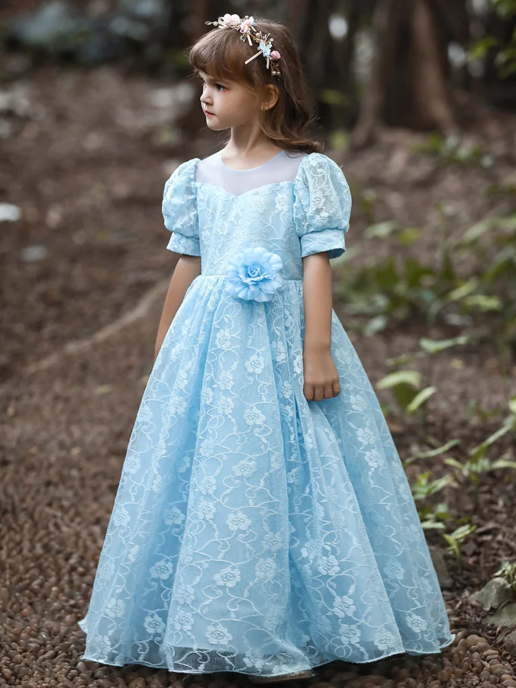 Flower Girl Dresses Sky Blue Rose Appliques Short Sleeve For Wedding Birthday Party Banquet Holy Communion Gowns