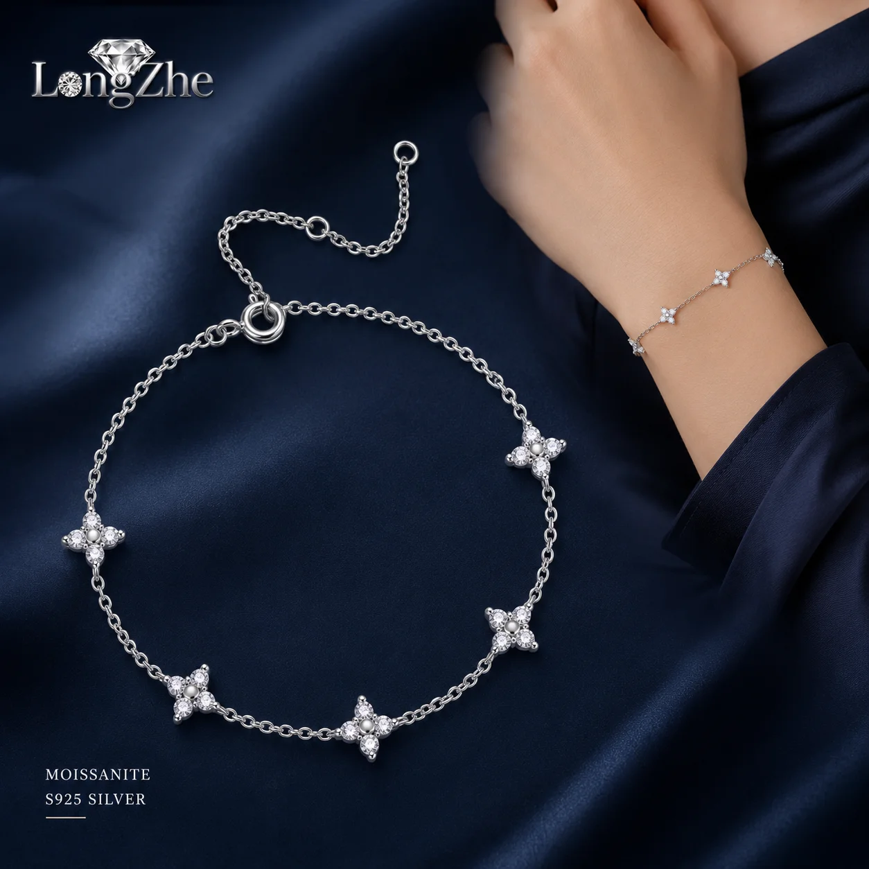 LongZhe Moissanite Bracelet S925 Sterling Silver 2mm 20 Stones Five Flower Chain Bracelet Rhodium Plated Jewelry Gift for Her