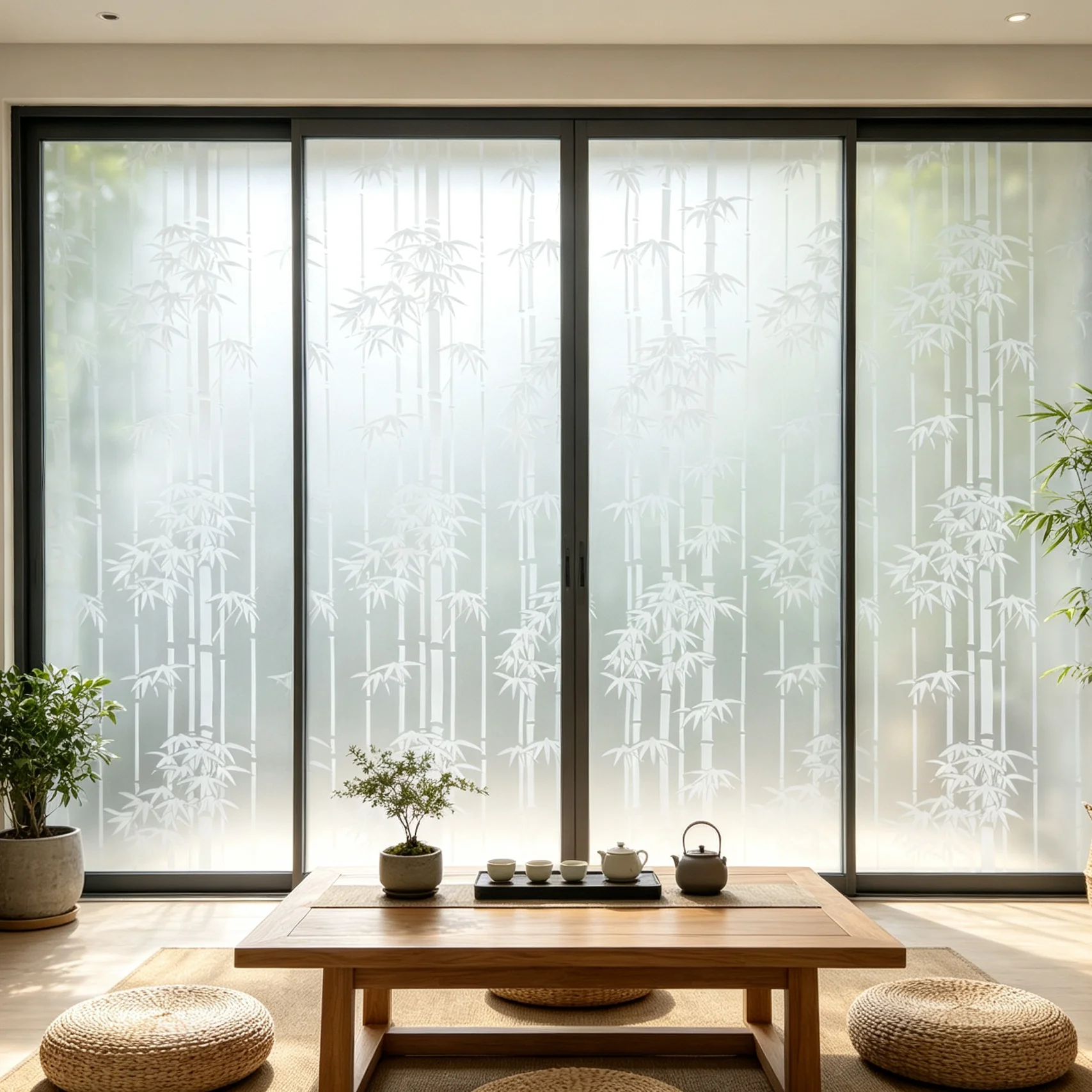 Self‑Adhesive Bamboo Frosted Window Film, Oriental Style Privacy Glass Sticker Anti‑UV for Home Decoration