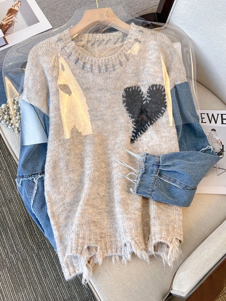 Women Sweater Patchwork Denim Long Sleeve O-Neck Loose Heart Chic Pullovers Simple Knitted Autumn Winter 2023 New Knit Jumpers