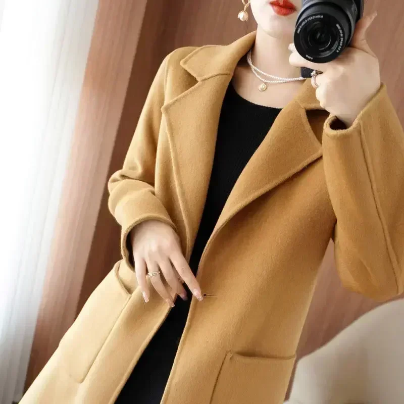 

% Pure wool double-sided cashmere coat woolen coat medium and long coat female slim body foreign style texture burst