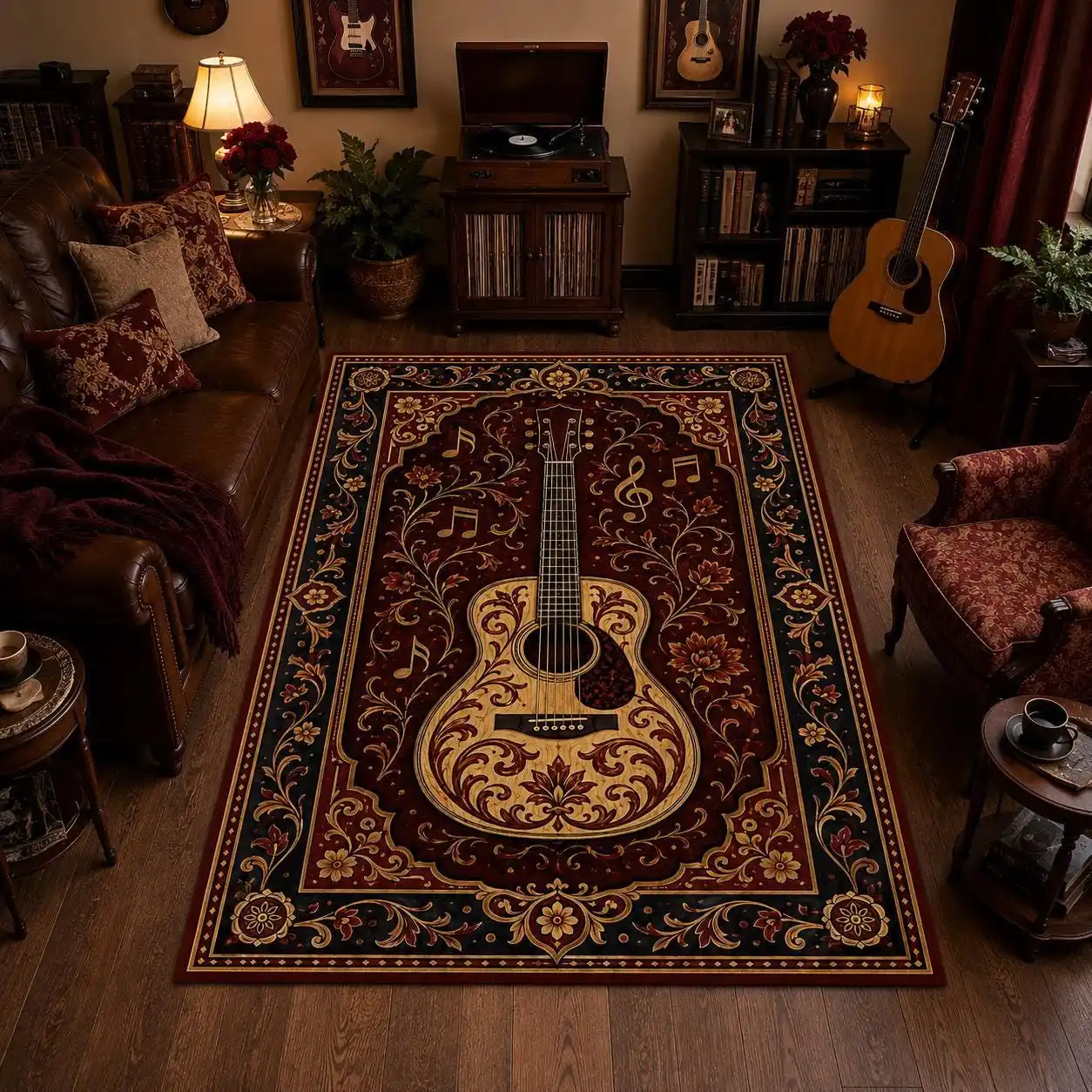 Musical Piano Keys Design Area Rug Retro Baroque Clef Note Printing Carpet Classic Mansion Office Floor Decal