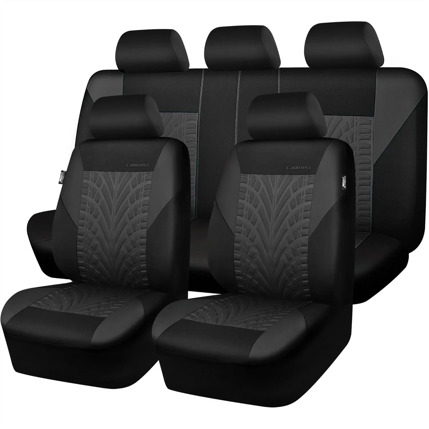 

Car Seat Covers Full Set with 3D Tyre Embossed Design, Front and Split Rear Bench, Airbag Compatible Universal Fit for SUV