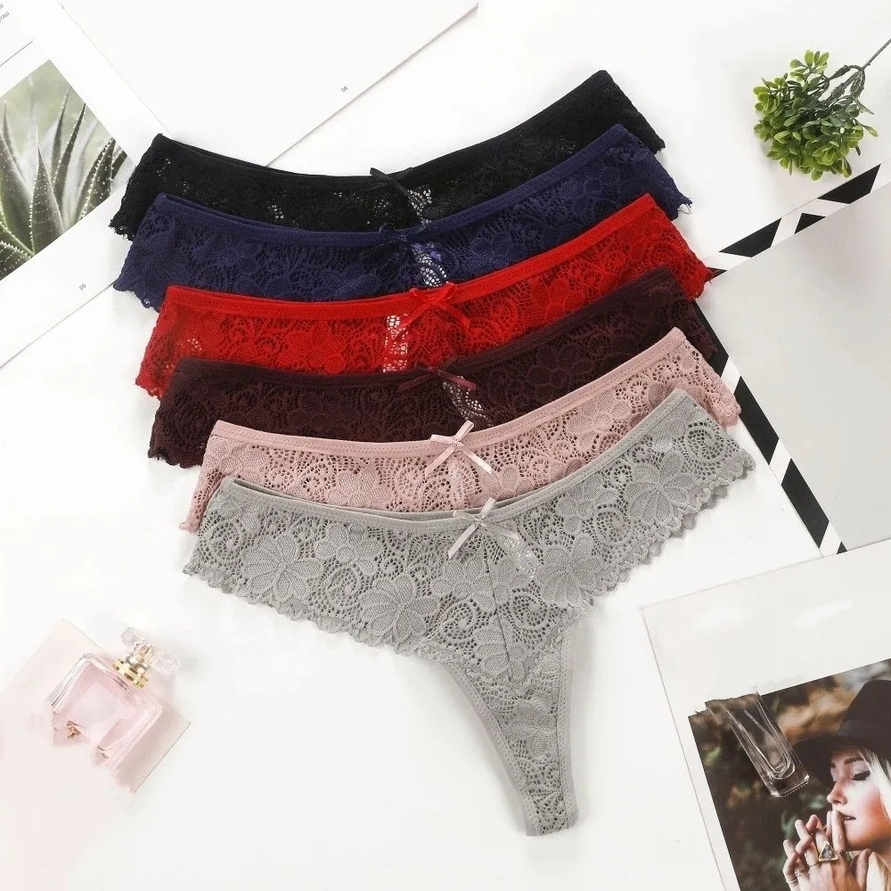 Fashion Low Waist Lace Panties Thong Transparent Underwear for Women Bow Cotton Crotch Mesh Lace Briefs Lady