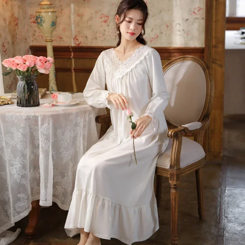 White Cotton Lace V Neck Night Dress Women Vintage Fairy Long Sleeve Sexy Peignoir Nighty Victorian Nightgown Princess Sleepwear