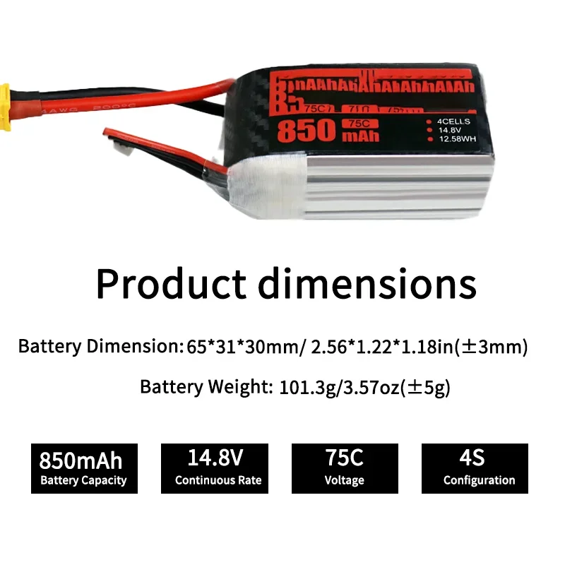 850mAh 4S 14.8V 75C Lipo Battery For X Series FPV Freestyle Drone