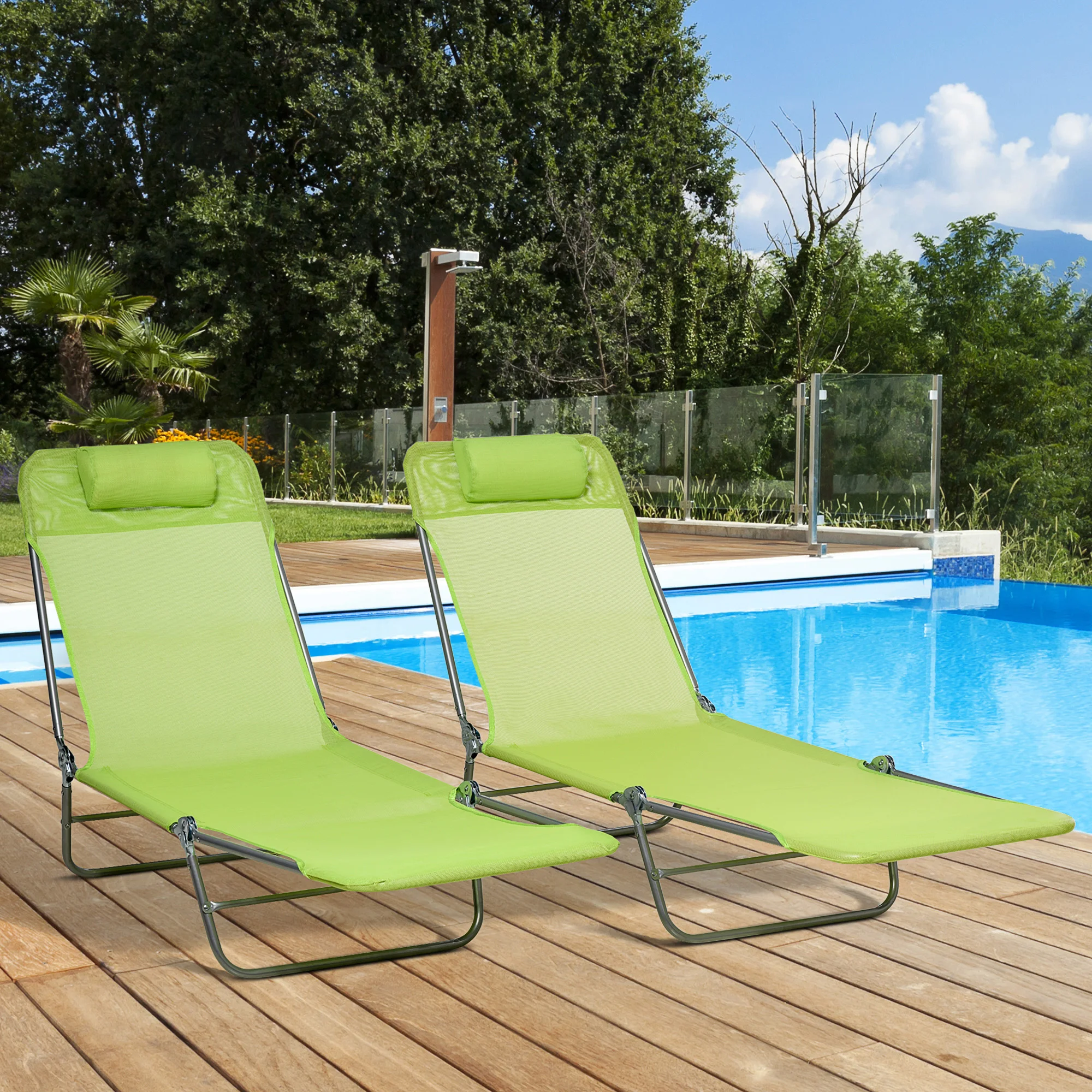

2 Piece Folding Chaise Lounge Chair Set Green Reclining Back Breathable Mesh Seat Headrest Sun Tanning for Pool Beach Yard