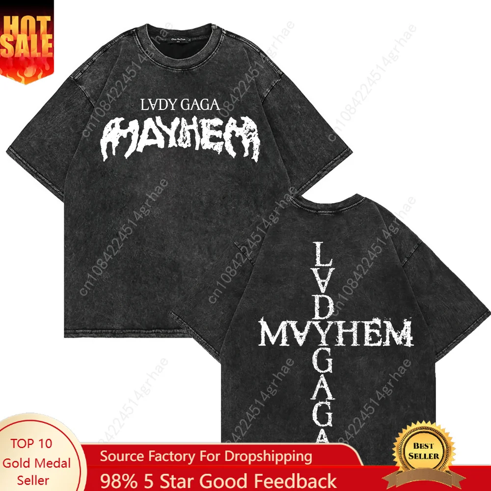 

100% Cotton Acid Washed Vintage Lady Gaga Mayhem T Shirt Fashion Aesthetic T-Shirt Unisex High Quality Retro Mineral Wash Tees