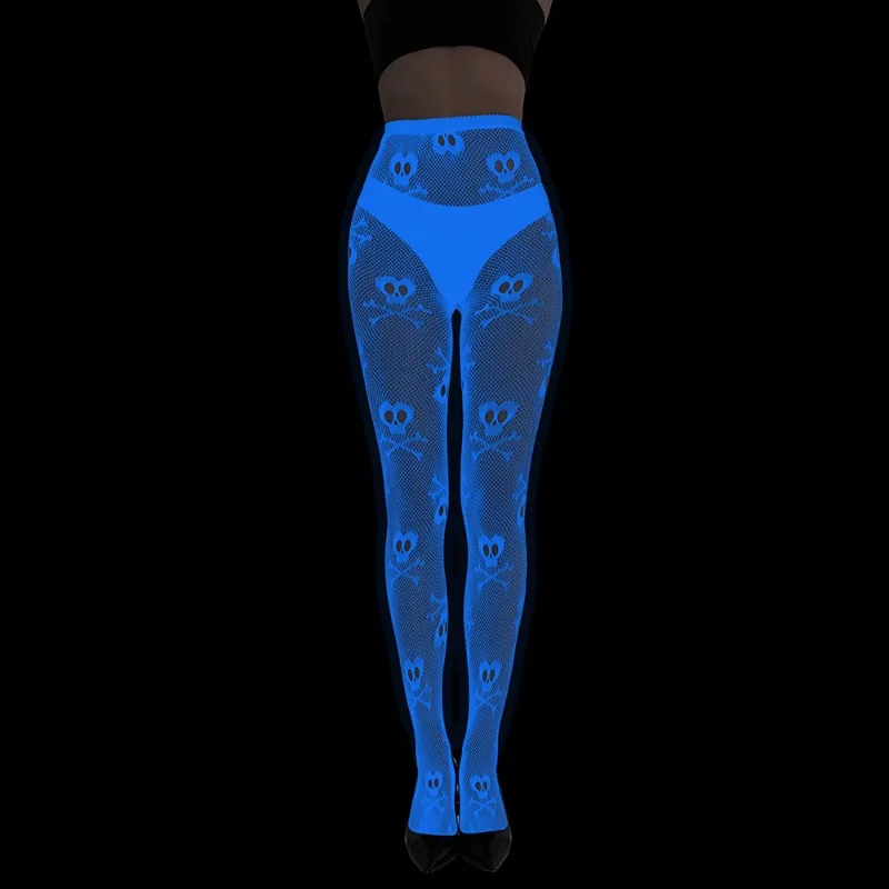 Niebieskie fluorescencyjne rajstopy z koronką, siateczkowe, przezroczyste pończochy, seksowne tatuaże, kwiatowy żakard, ażurowe skarpetki, damska odzież erotyczna.