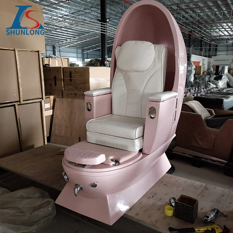 White Egg Shape Pedicure Spa Chair, Electric Reclining Foot Massage Chair with Enclosed Hood and Fiberglass Foot Tub for Nail Sa