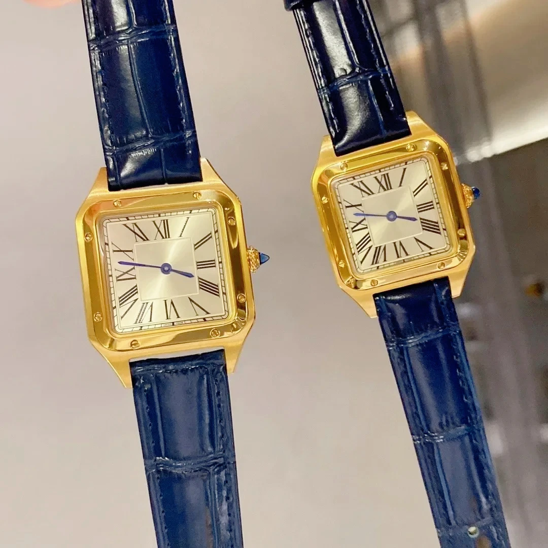 

Stylish New Luxury Couple Matching Quartz Watch Modern Fashion Square Dial Design Comfortable Leather Strap Polished Gold White