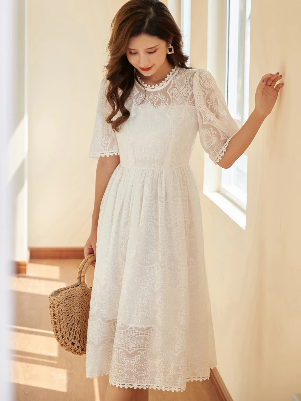 Jastie Boho Embroidered Lace Elegant Midi Dress Women Chic O Neck Short Sleeve High Waist Vestidos Casual Holiday Beach Dresses