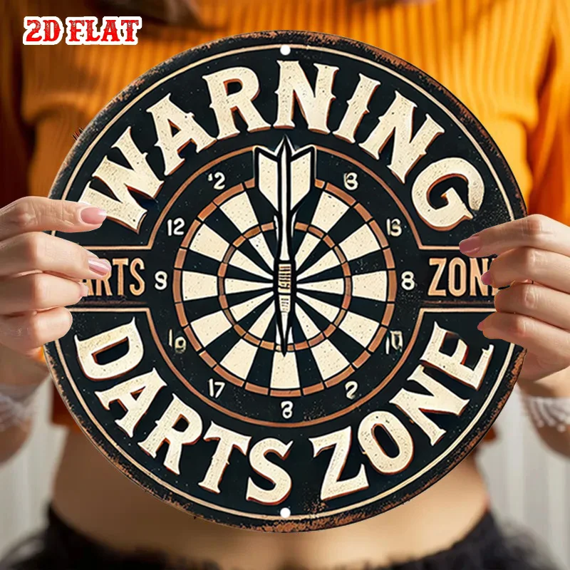 2D Flat 1pc Game Room Round Aluminum Sign, Darts Zone Round Wall Decor Warning Sign Rustic Metal Wall Art, Sports Equipment - view 6