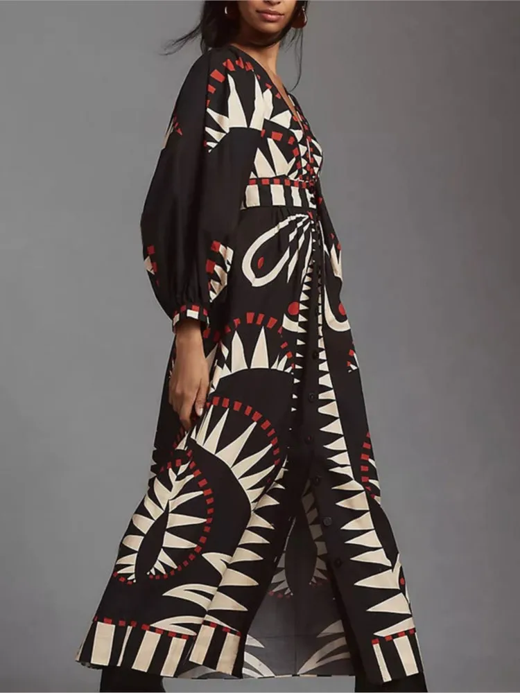 

2025 New Long Retro Printed Long Sleeve Dress Autumn Fashion Casual V-neck Lantern Sleeve European And American Dress For Women