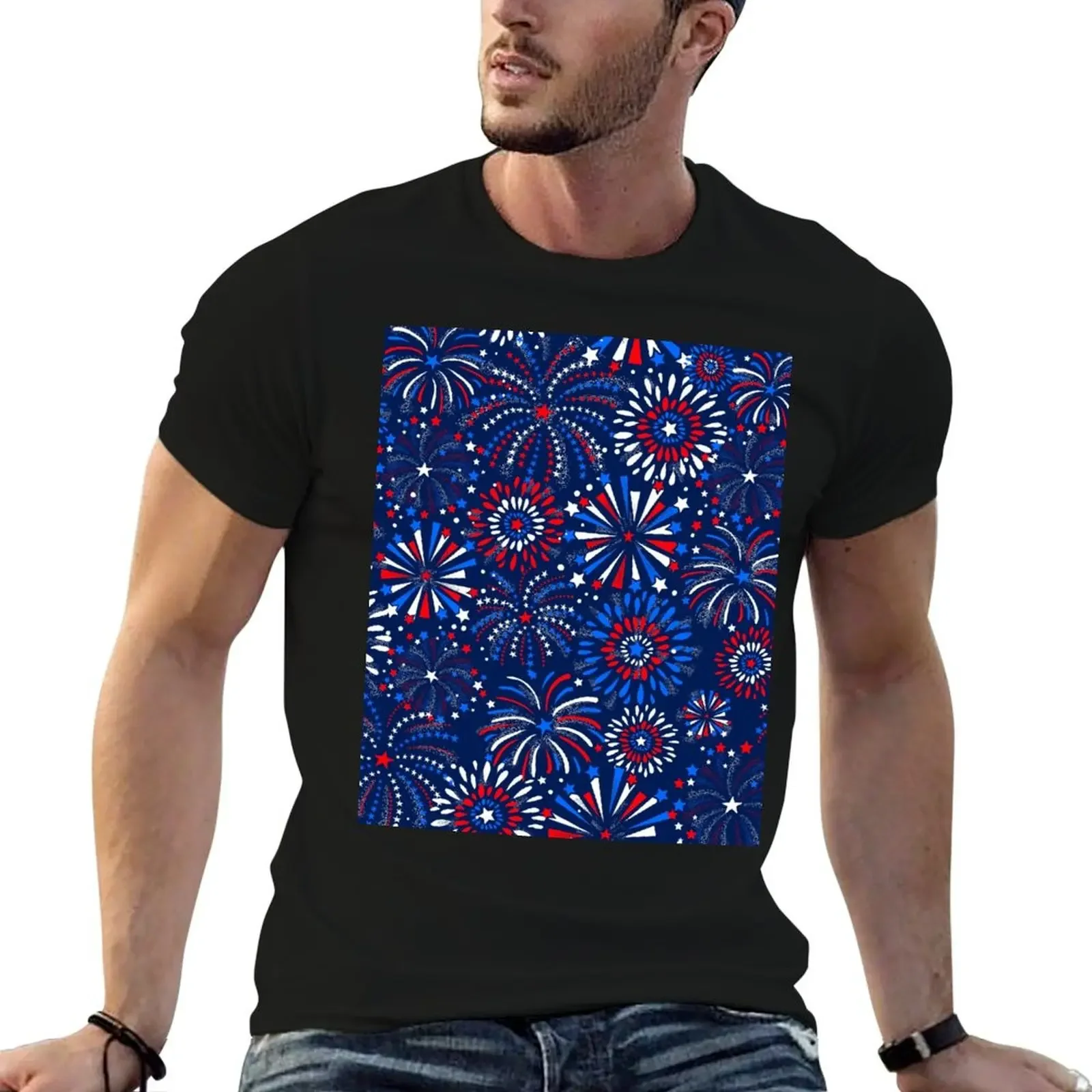 

Red White & Blue fireworks T-Shirt oversizeds customizeds graphic tee shirt vintage clothes mens graphic t-shirts hip hop