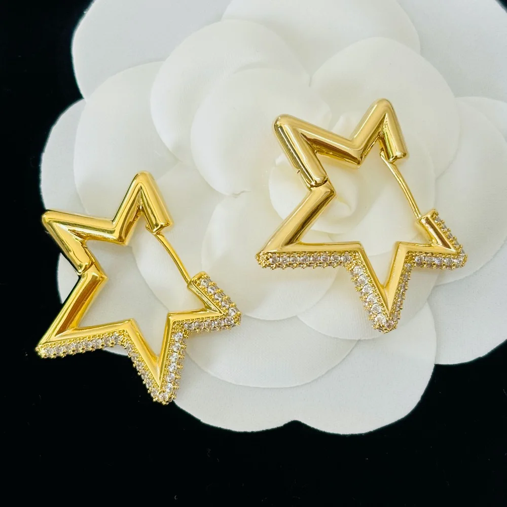 Free Shipping Pentagram Earrings Fashion women\'s Earrings Golden Jewelry Sparkling Zircon Girls Christmas Gift Wholesale