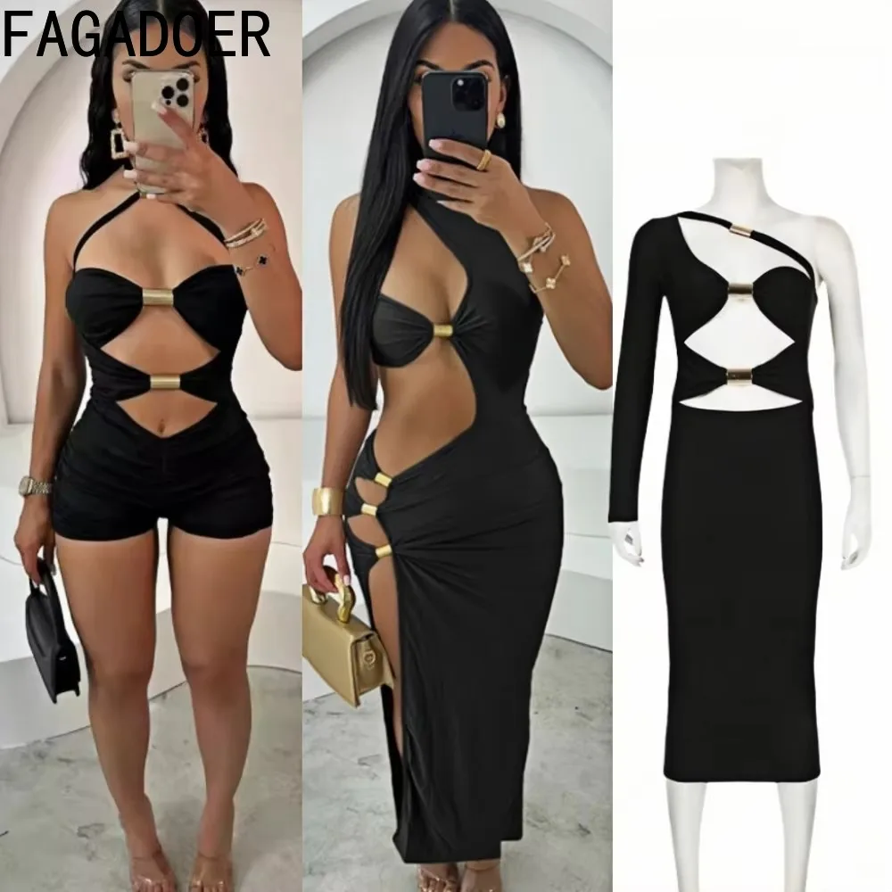 

FAGADOER Sexy Hollow Out Long Dresses Women Spaghetti Strap Metal Buckles Patchwork Bodycon Dress Female Party Clubwear Vestidos