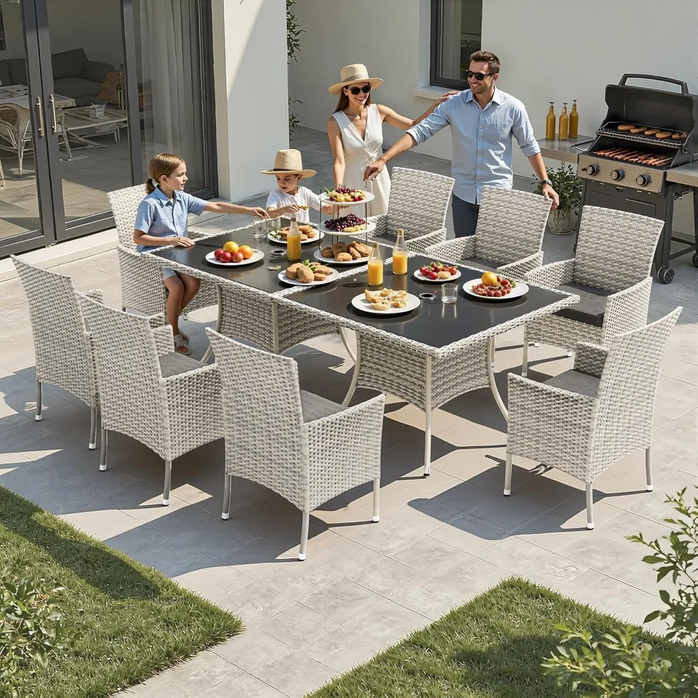 طقم طعام فناء مكون من 10 قطع، طقم أثاث خارجي مع طاولة طعام فناء من الخوص وكراسي فناء، تصميم قابل للتوسيع. #2