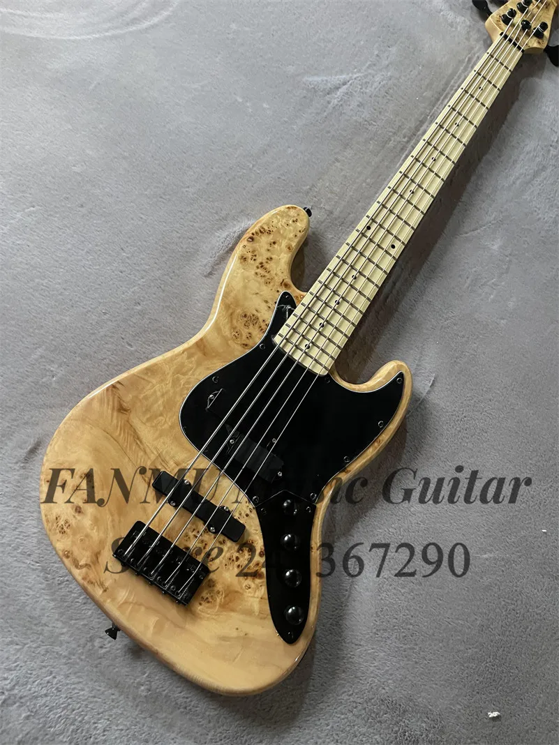 Natural Bass 5-string Electric bass Ash wood body tree burl top black guard active battery Maple neck