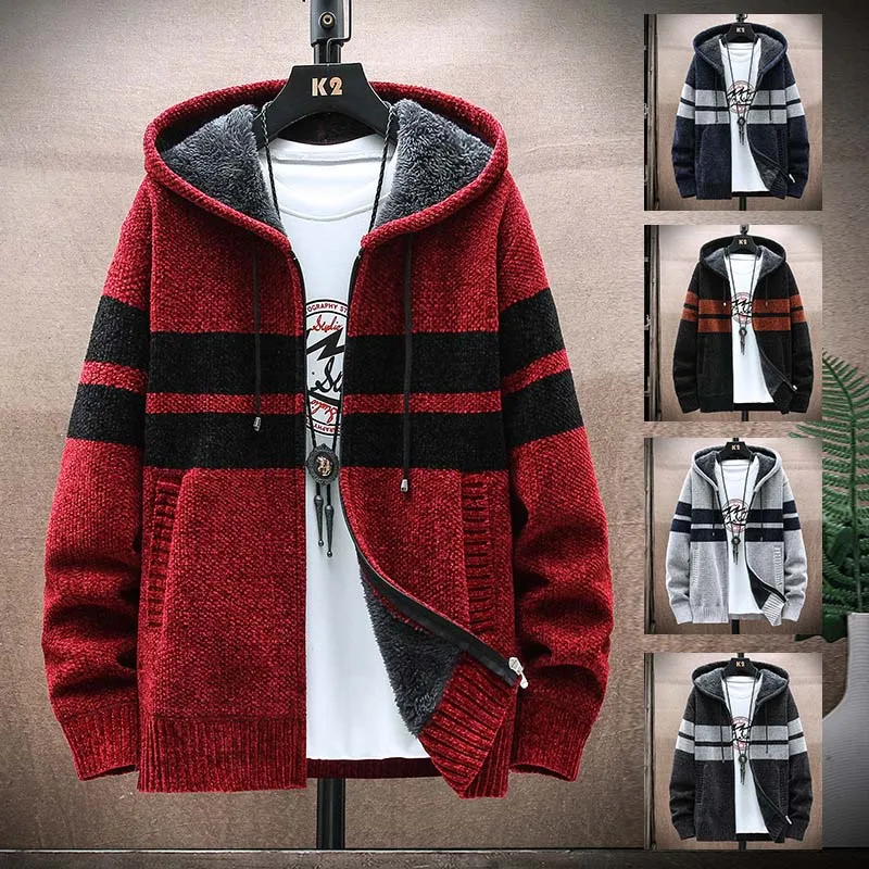 

FALIZA New Spring Mens Hooded Cardigan Jumpers Striped Sweater Coat Thick Fleece Warm Zipper Wool Men Knitted Chenille Sweaters