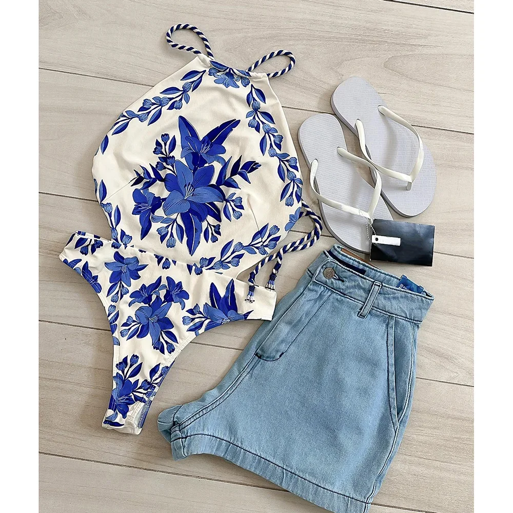 Цельный купальник для женщин, новинка 2025 года, винтажный ретро купальник с принтом, пляжная одежда с лямкой на шее, сексуальное монокини, женский купальный костюм