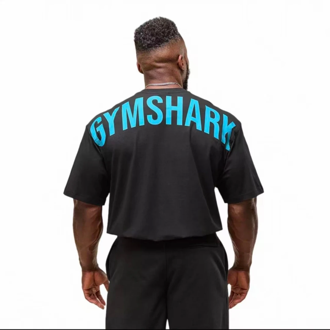 GYMSHARK Power Loose T-shirt Men's strength fitness meat covered round neck cotton short sleeve shirt