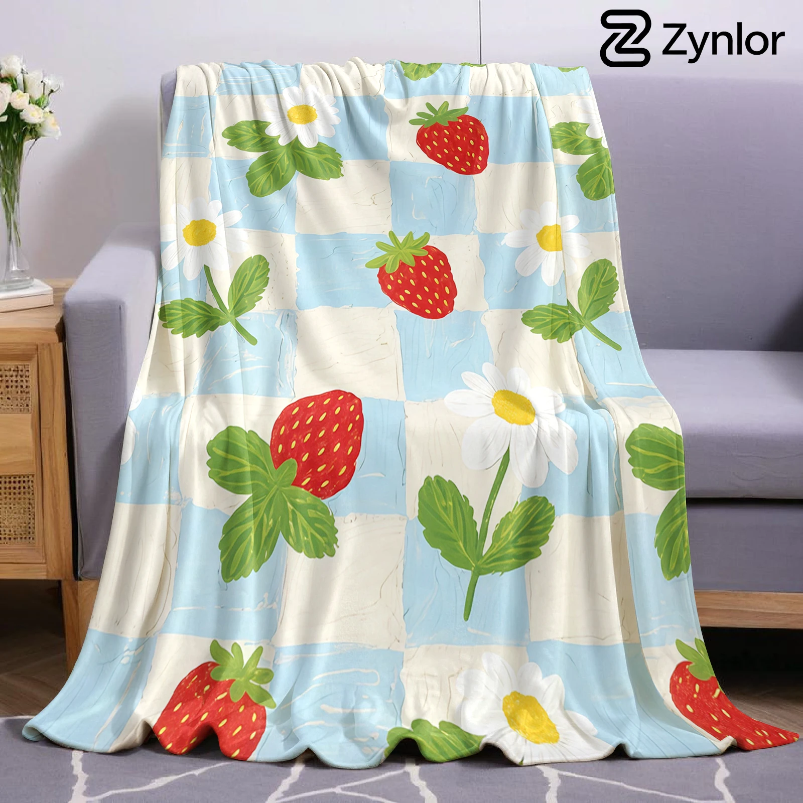 Check Strawberry Daisy Ultra Soft Sherpa Fleece Blanket Fluffy Warm Halloween Cozy Throw for Sofa Couch Bedroom Gift All season