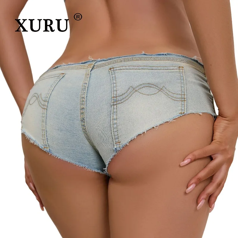 XURU - New Women's Sexy Nightclub and Bar Jeans, Y2k Clothes Low Waist Piercing Stretch Summer Denim Shorts, Men's Pants