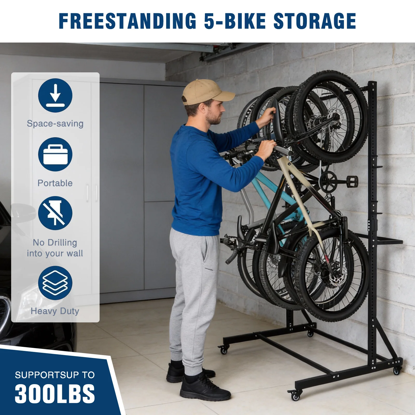 

Вертикальная подставка для велосипедов с фиксируемыми колесами и 6 крючками, сверхпрочный держатель для велосипедов, вмещает до 5 велосипедов, регулируемая по высоте, для гаража