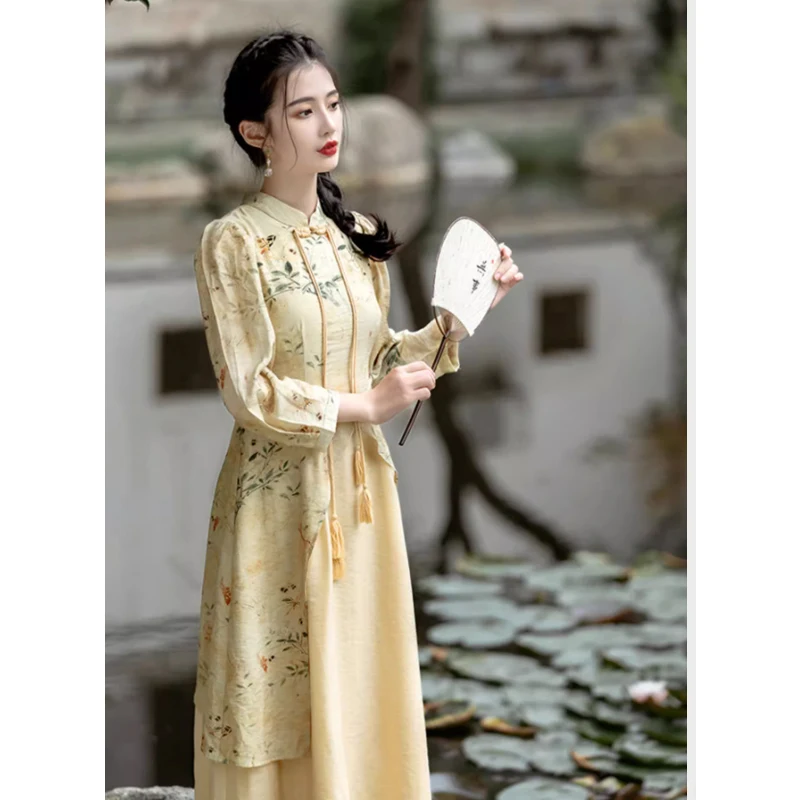 

Sexy Women Yellow Cheongsam Traditional Chinese Style Tang Suit Fake Two Hanfu 3/4 Sleeve Floral Qipao Dress Modern 2024 Party