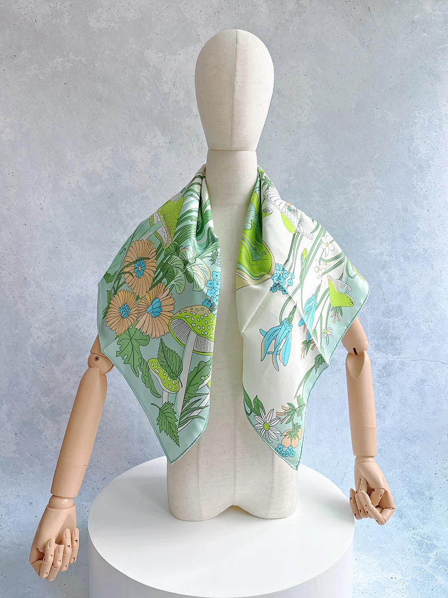 Syal Wanita Baru Kualitas Tinggi Hijau Bunga Foulard Mewah Gulung Tangan Syal Persegi Bunga 90Cm 90x90cm