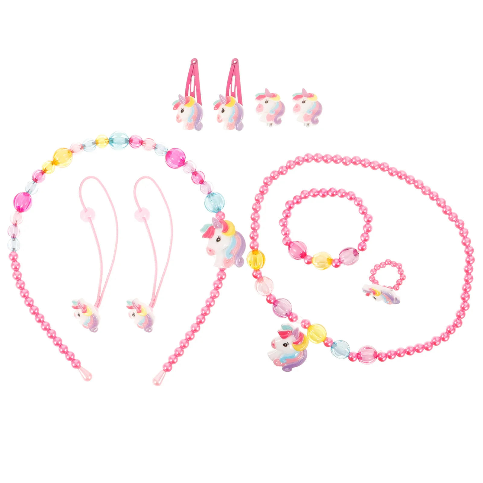 1세트 유니콘 쥬얼리 세트 (4-6세 여아용), 리틀 걸 쥬얼리 세트 (헤어밴드, 팔찌, 목걸이, 귀걸이, 반지, 헤어핀, 로프 포함)