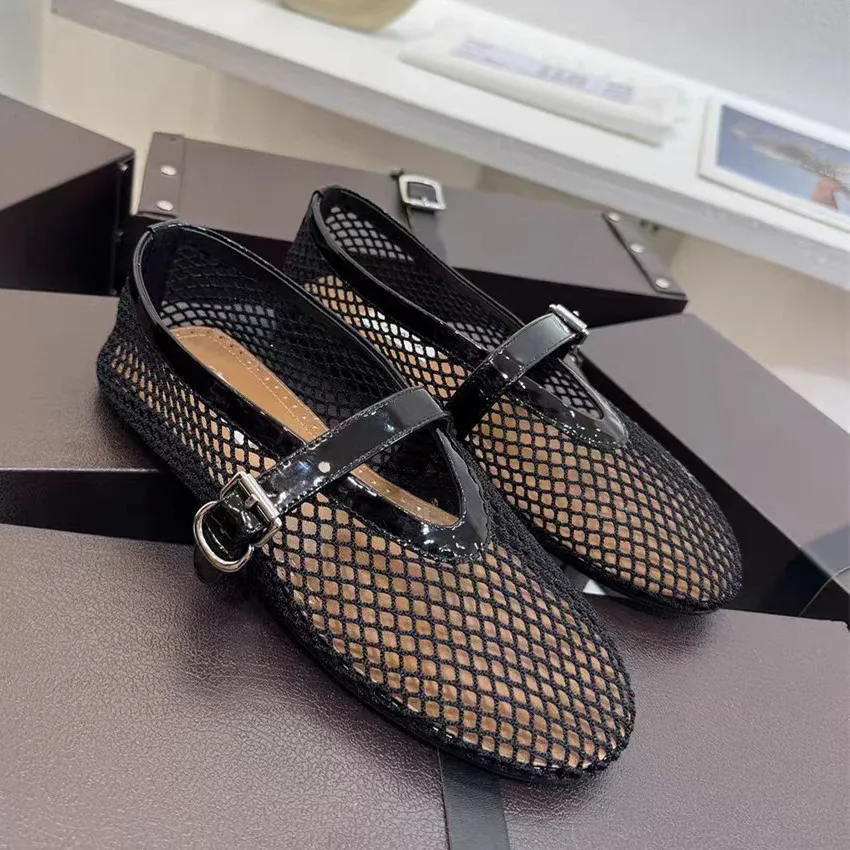 Nuevas zapatillas Mary Jane de mujer con diseño de red de pesca y diamantes de agua, calzado individual con parte inferior plana y hueca estilo ballet.