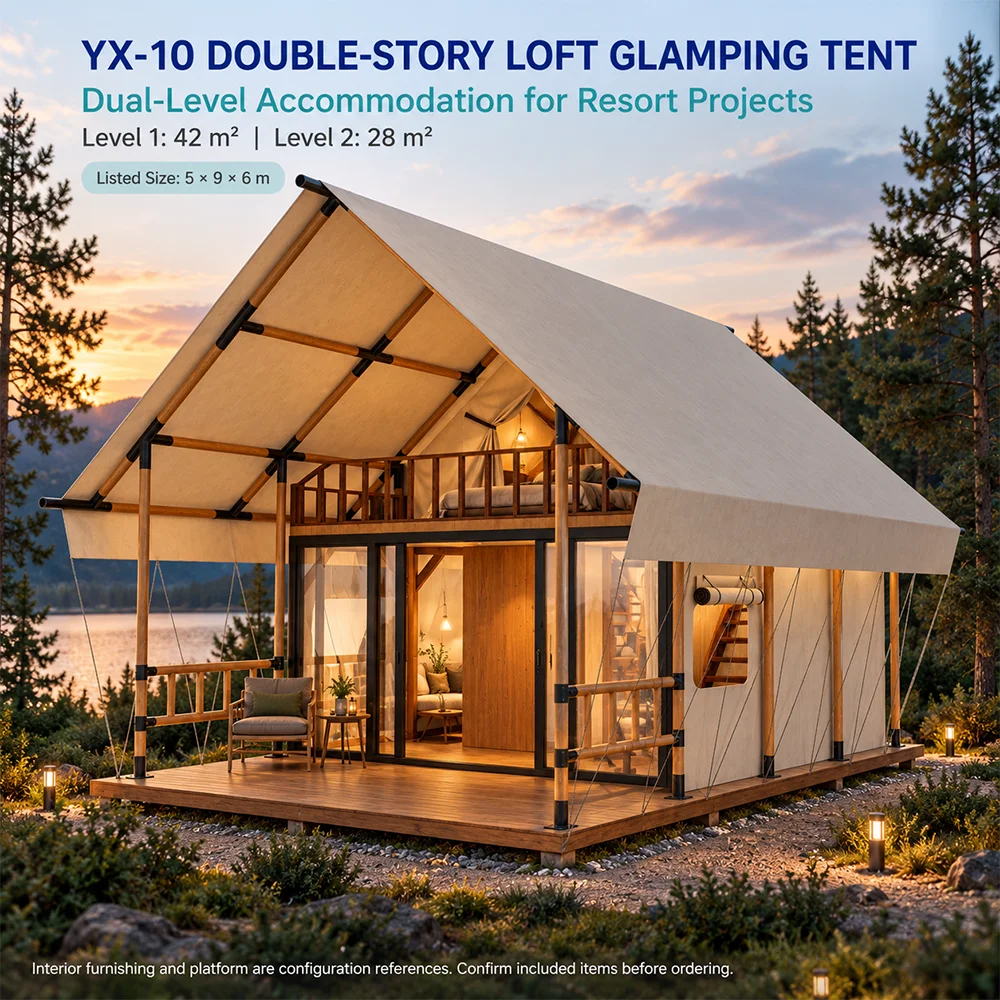 Outdoor Wooden Large Desert Camping Canvas 850g PVC Triangular Shape for All Seasons 70m² Two-Story