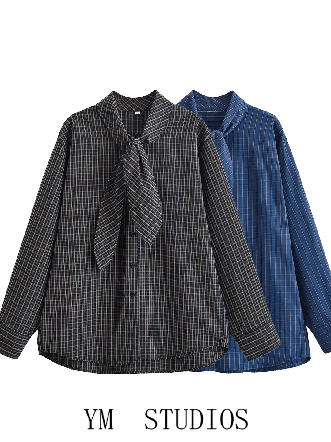 

Academy Sle Women's irt Scarf Netie Plaid Long Sve Loose Fit Retro Base Layer Top Polyester Fiber Skin-friendly Brea...