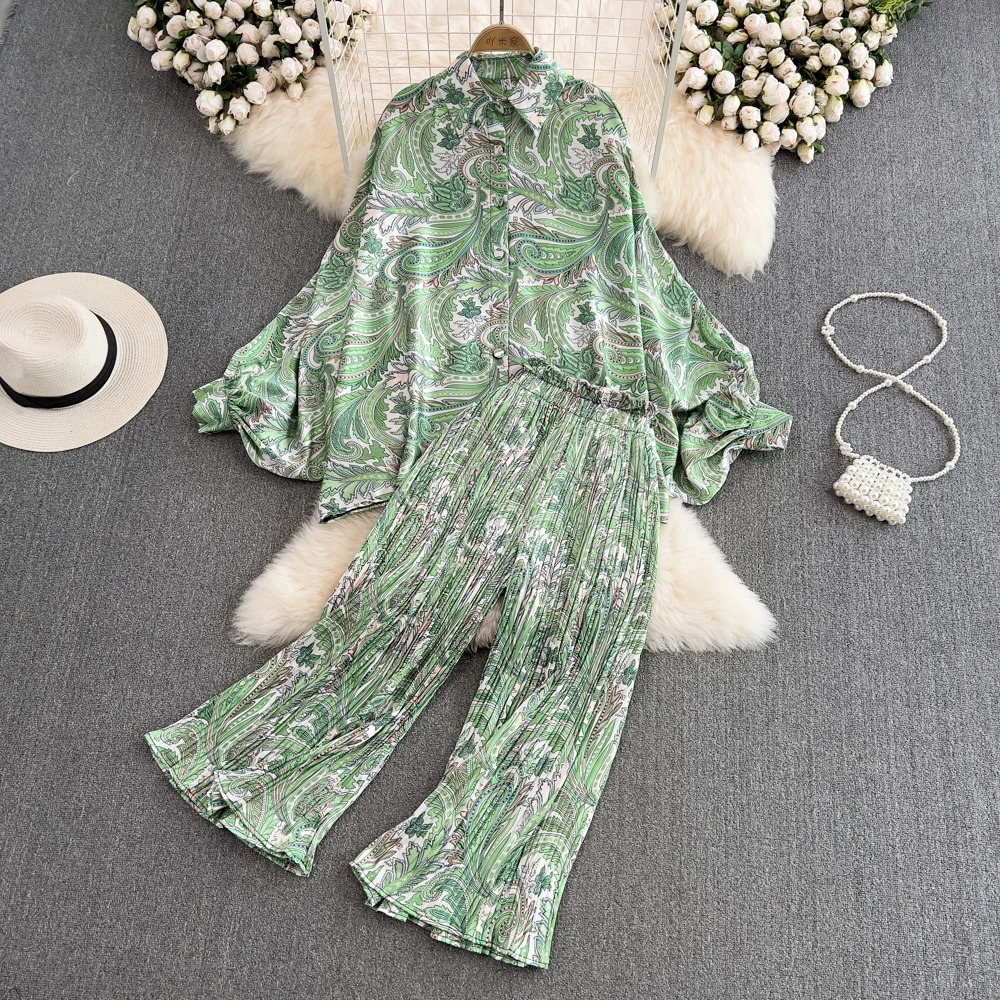 Women Casual Loose 2 Piece Set Floral Pleated Pants Suit Summer Lantern Sleeve Shirt Wide Leg Pants Leopard Female Outfit Spring