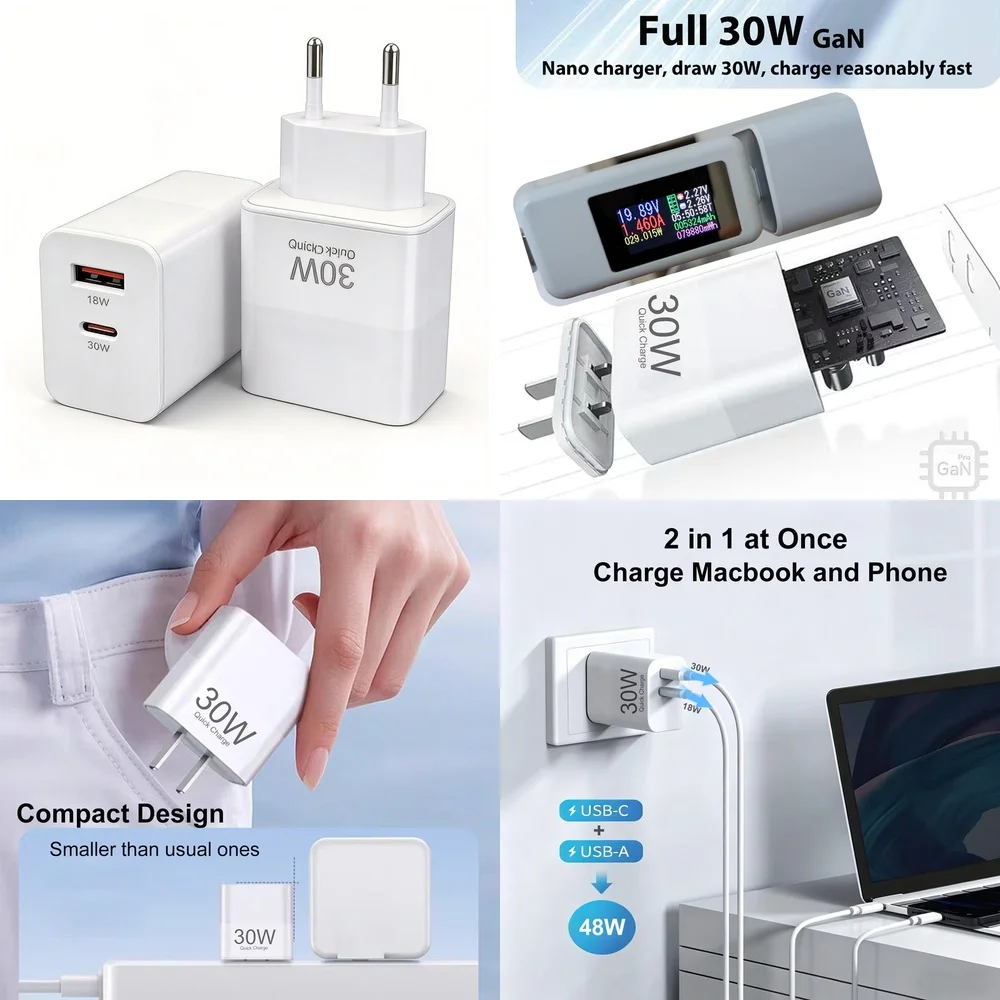 30W USB C Fast Charger PD Dual Port Wall Plug Adapter Type C 18W USB A Quick Charging for iPhone 17 16 15 Samsung Galaxy Xiaomi