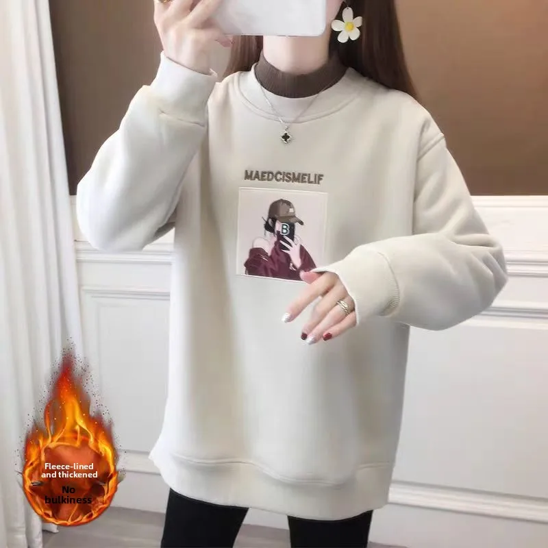 

Утепленная флисовая толстовка с принтом, женская, в повседневном стиле, с воротником-стойкой, лоскутный дизайн, имитация двухслойности, для осени и зимы