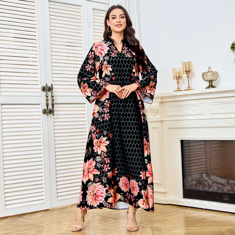 

New Long Dress, Fashionable And Elegant, With Printed Patterns, Dubai Arabian Robe Gown Dress Abaya Dubai Luxury Islam Elegant