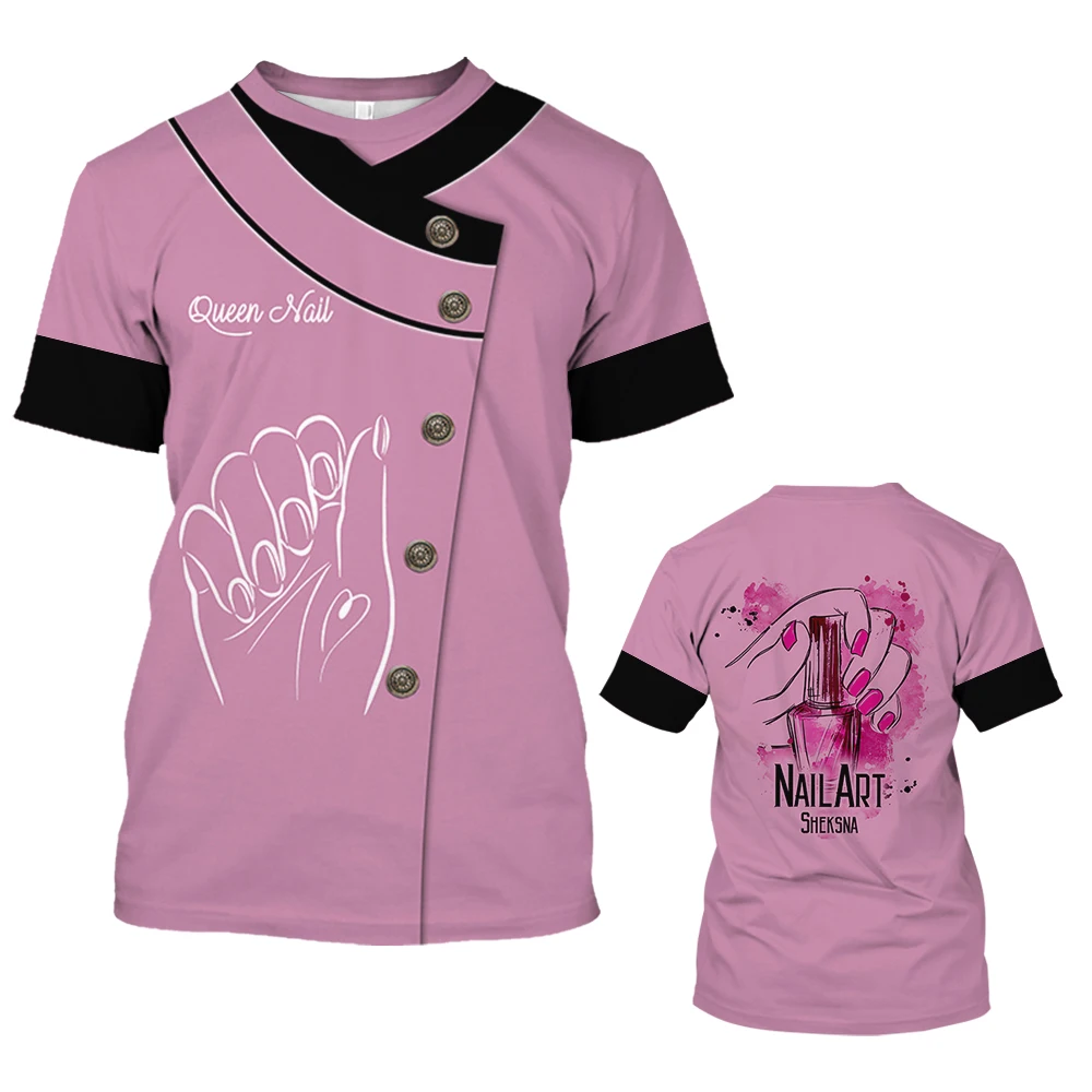 Camiseta con estampado 3d para mujer, uniforme de manicura, ropa de trabajo deauticida, Top de manga corta de verano, camisetas informales con