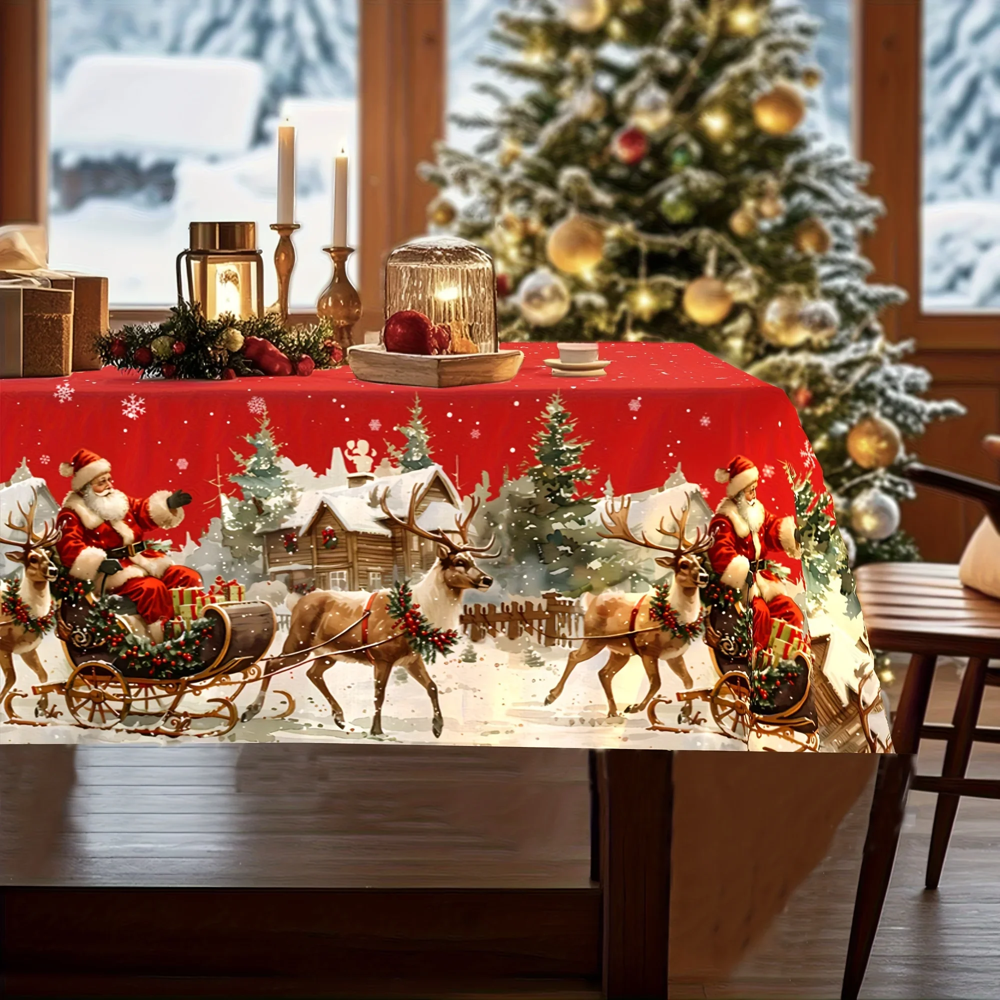 1pc Christmas tablecloth - Santa riding a reindeer sleigh, snowy village scene - Retro red and green holiday table decorationzyc