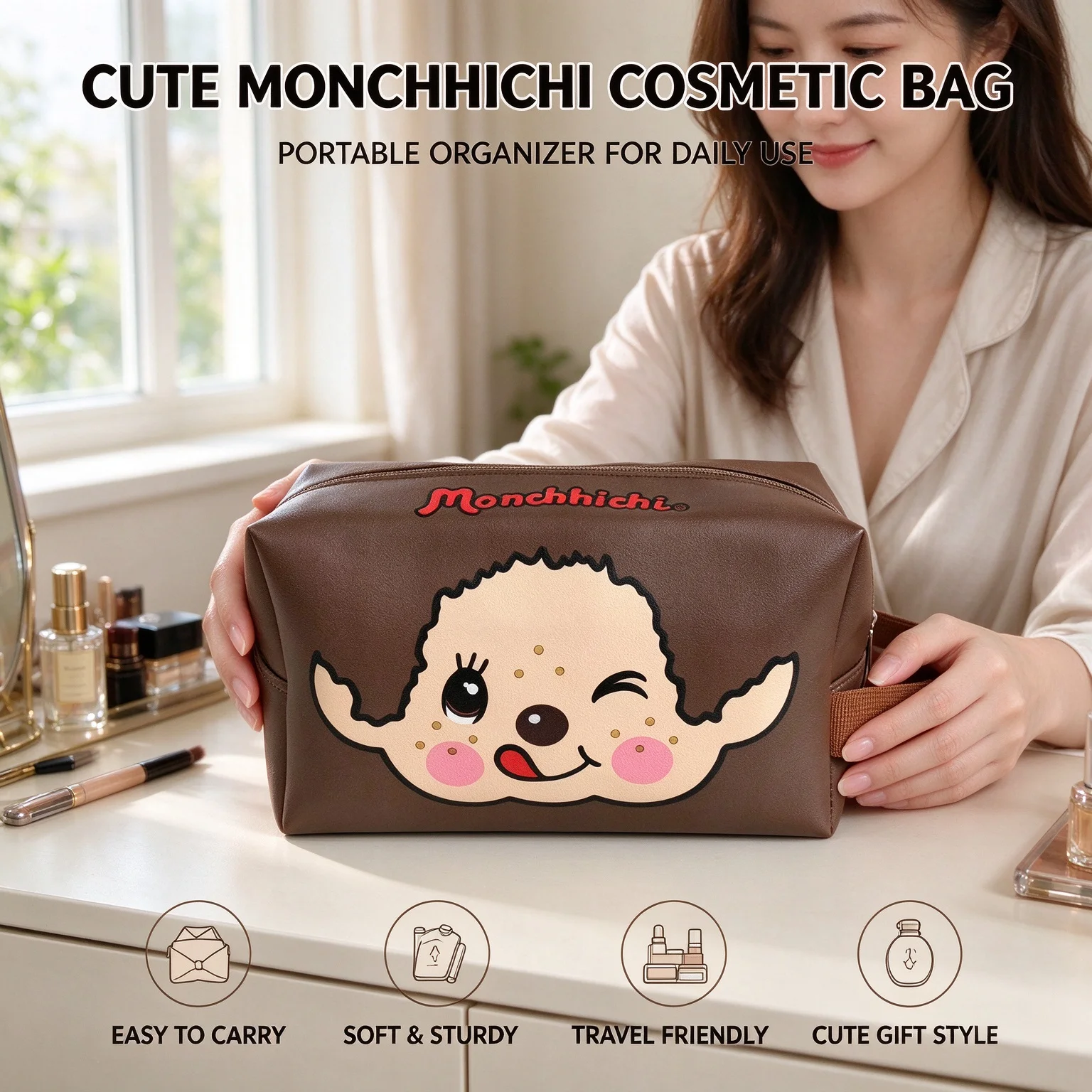 Cute Cartoon Square Cosmetic Bag Double Sided Print Portable Hand Strap Kawaii Makeup Pouch Travel Storage Organizer Bag