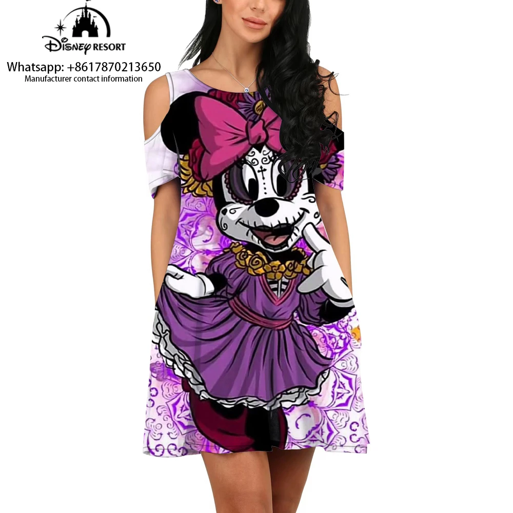 Summer 2024 New Fashion Women's Casual 3D Dress Halloween Mickey Cartoon Print Round Neck Off Shoulder Dress