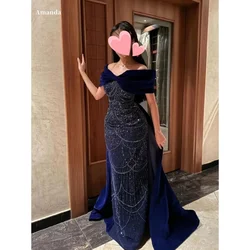 Amanda Customized Navy Blue Shawl Velvet Beaded robes de soirée Off the Shoulder Party Dresses Floor-Length Prom Dress 2024