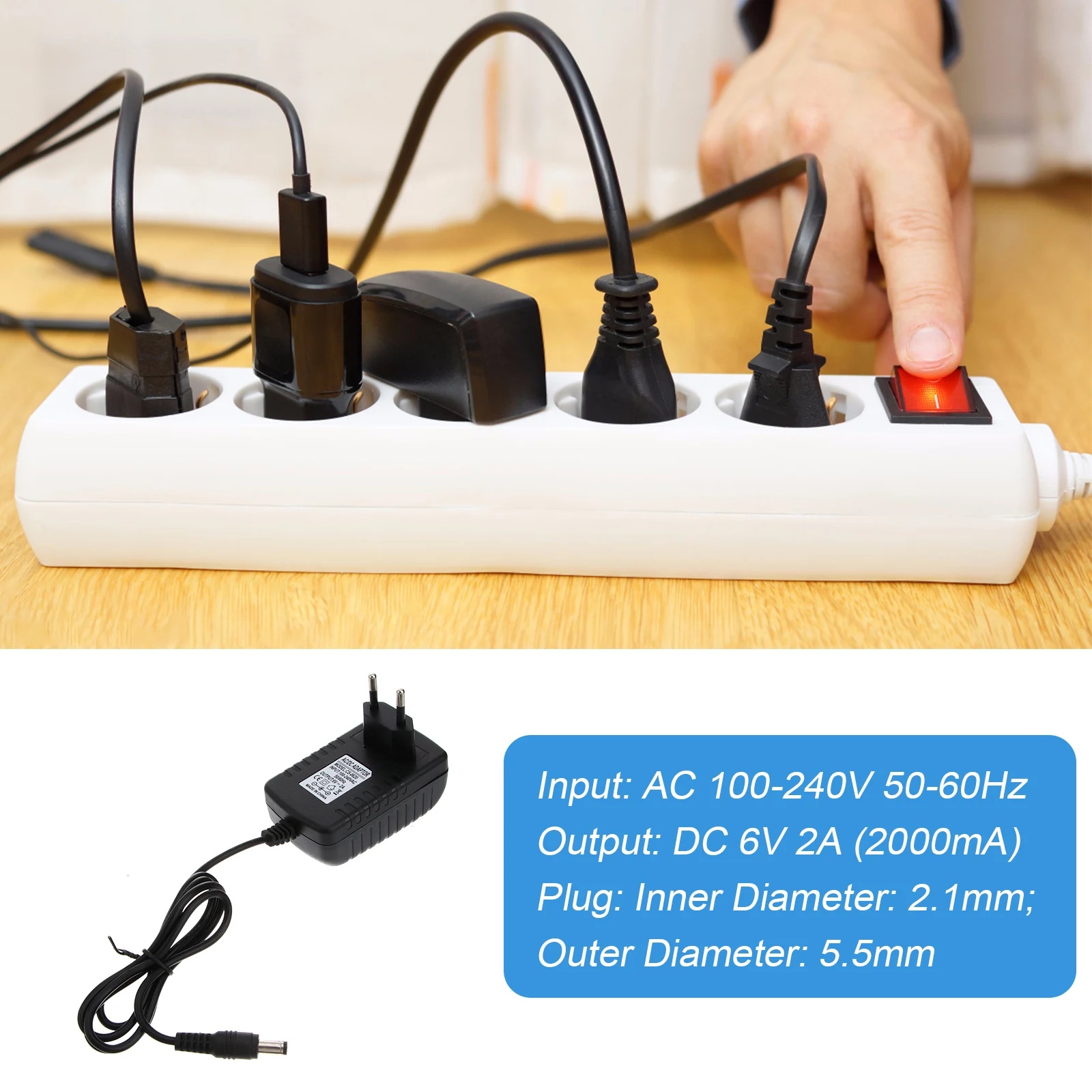 

Black 6V 2A Power Adapter Ac 100-240V Input 5.5x2.1mm Dc Plug Eu Version High Performance for Home and Travel