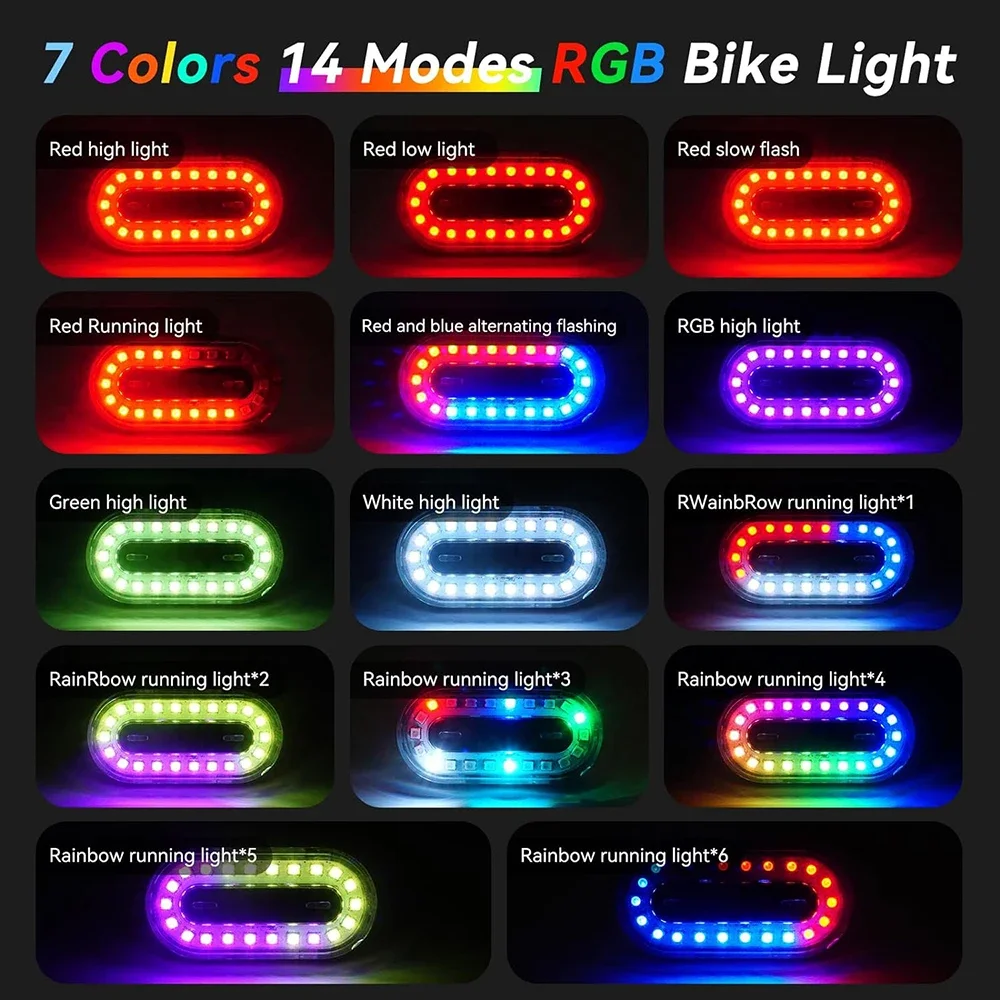 RGB Colorful Bike Light 600 Mah 14 Modes Bicycle Rear Taillight Type C Charge IPX6 Waterpoof Bike Lamp With Memory Mode